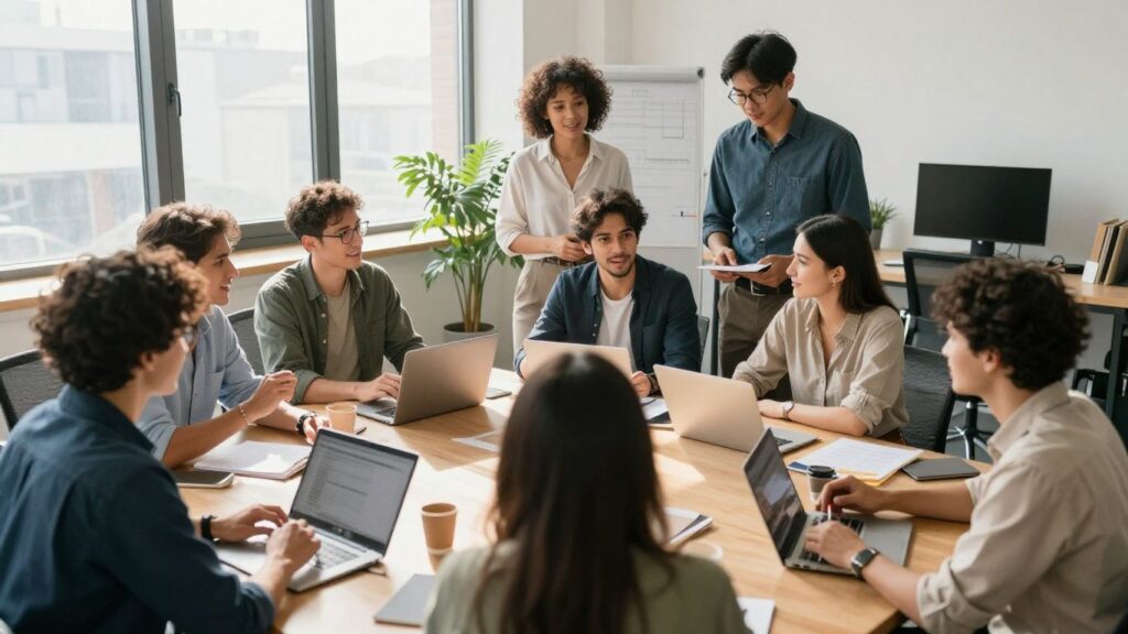 Personas colaborando en una oficina moderna.