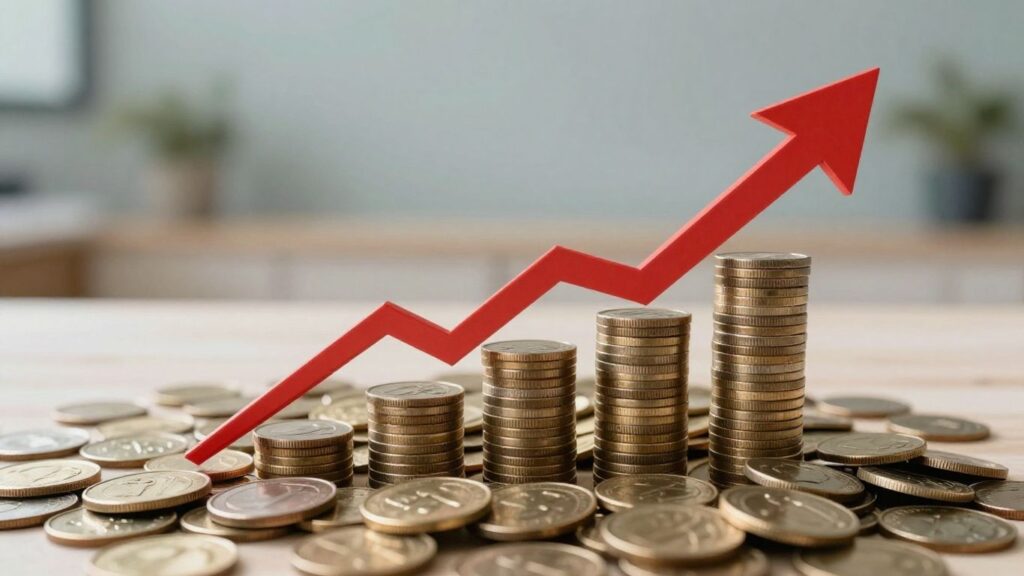 Flechas ascendentes y monedas doradas, símbolo de éxito en ventas.