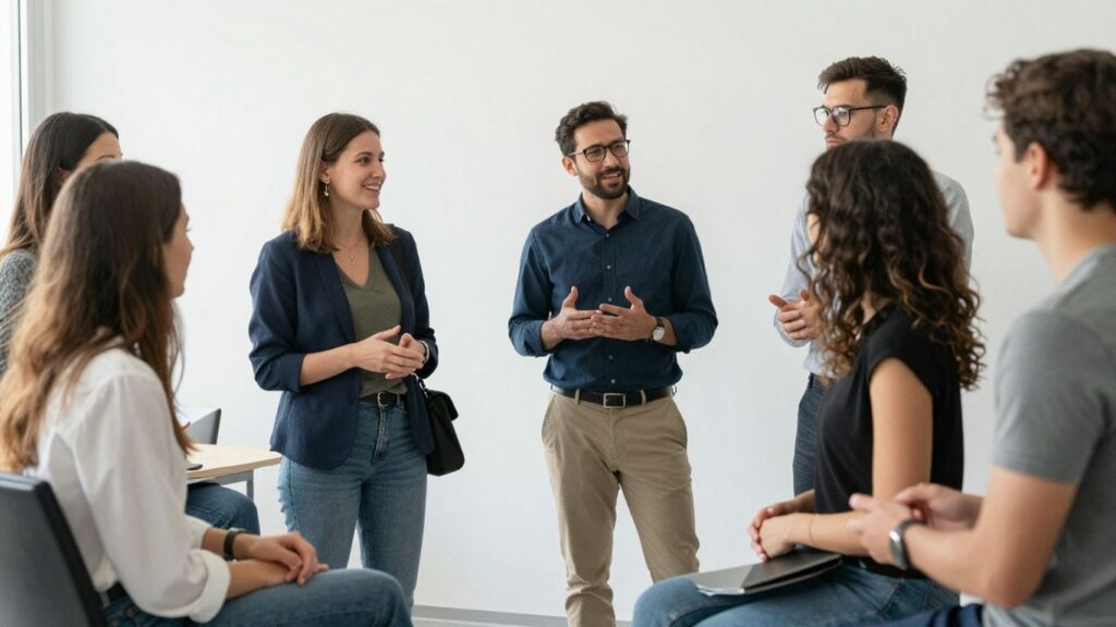 Personas colaborando y teniendo éxito en un entorno empresarial.