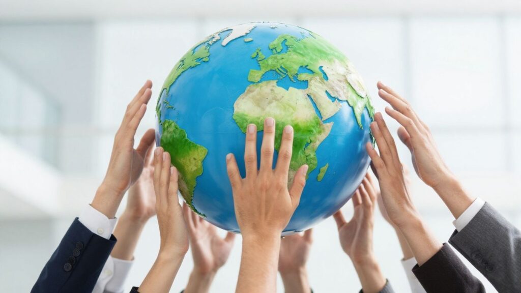 Manos unidas alrededor de un globo terráqueo.