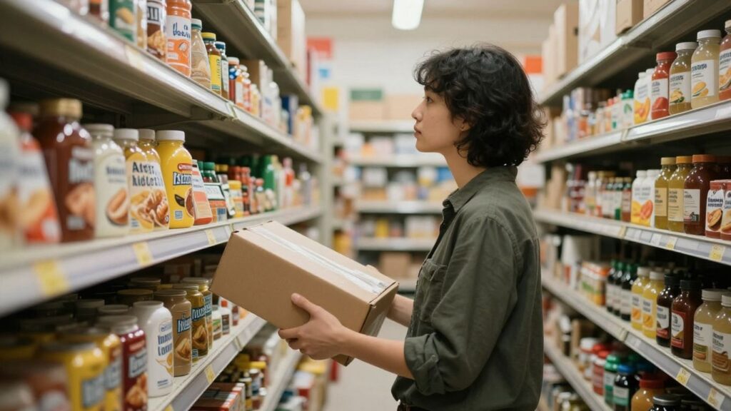 Persona rodeada de estantes con productos.