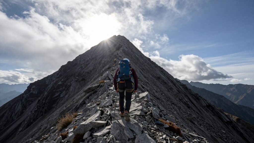 Persona escalando montaña hacia la cima con esfuerzo.