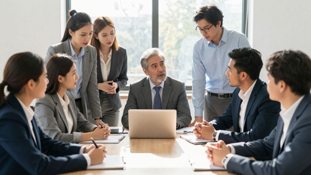 Personas discutiendo un plan de compensación en una reunión.